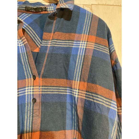 prAna Button Up Oversize Plaid Flannel Tunic Shirt Womens Small Blue Orange - Picture 5 of 9